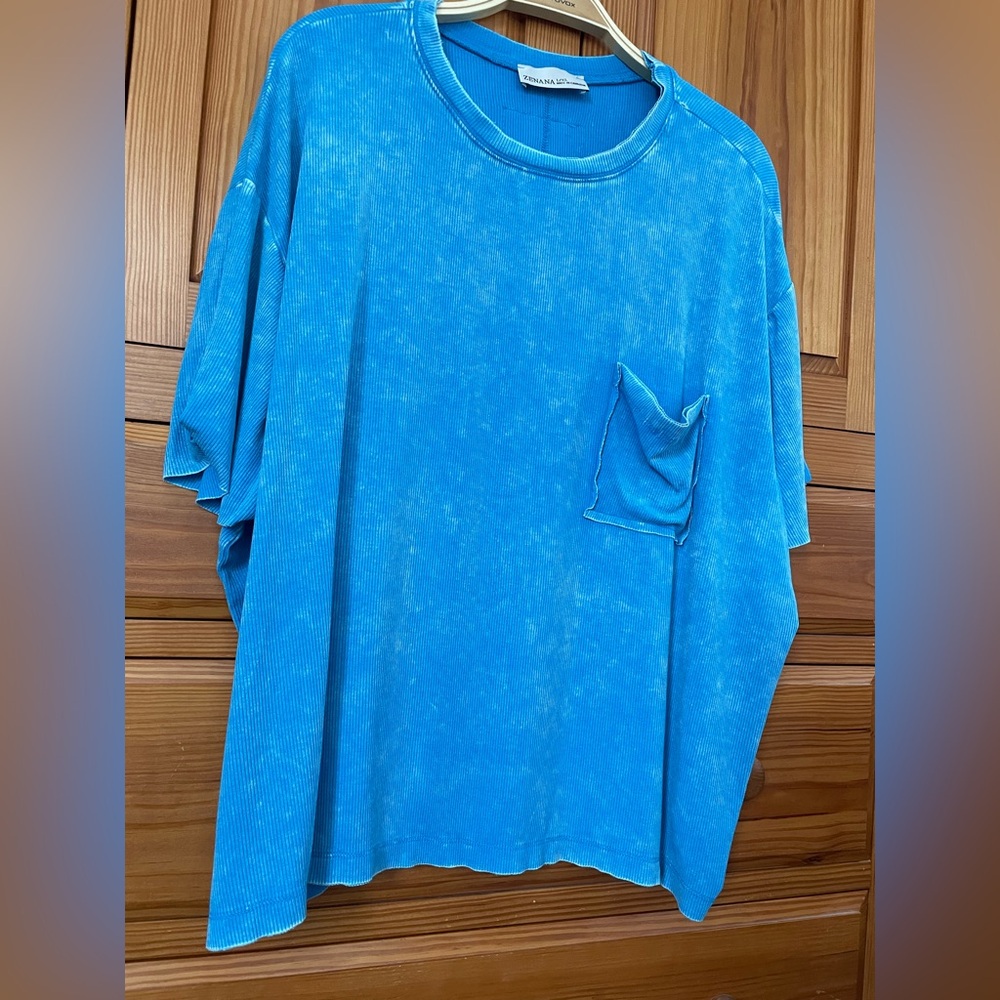 ZENANA Acid Wash Oversized ribbed Front Pocket Boyfriend Tee DEEP SKY L XL shirt - Picture 4 of 5